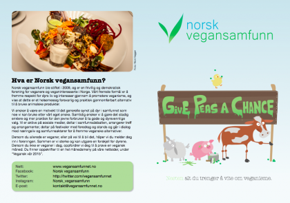 Skjermdump av den første og siste siden i NVS' offisielle brosjyre. På forsiden er en gris, en ku, en sau og en kylling samlet rundt et skilt det står "Give peas a chance" på. På siste side står en forklaring av hva Norsk vegansamfunn er.