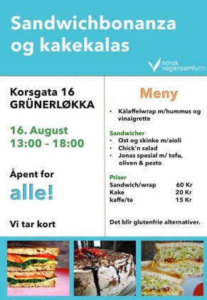 Info og meny om arrangementet Sanwichbonanza og kakekalas.  Kålaffelwrap med hummus og vinaigrette, og sandwicher med ost og skinke, chick'n salad, og tofu, pesto og oliven, 60 kr. Kake 20 kr. Kaffe/te 15. kr.