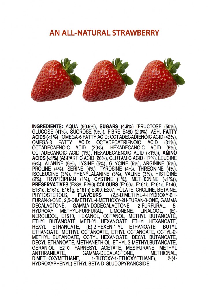 Bilde av tre jordbær på hvit bakgrunn. Under er det en innholdsfortegnelse som lister opp de forskjellige kjemikalske bestanddelene i et jordbær på samme måte som på emballasjen til andre dagligvarer.