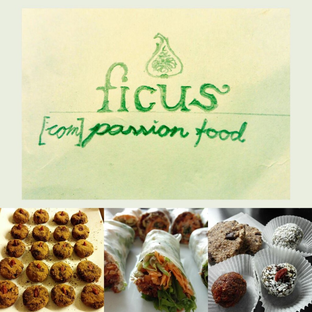 Foto av logoen til Ficus: "Ficus" skrevet med en serif-font med liten forbokstav i grønt. Over er det et tegnet et utsnitt av en halv fiken med samme penn/grønnfarge. Unders står følgende i løkkeskrift: "(com)passion food", også i samme grønnfarge og med samme penn.